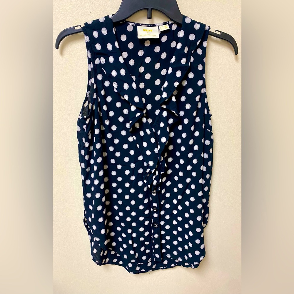 Maeve Navy Blue Polka Dot Sleeveless Button Down Top